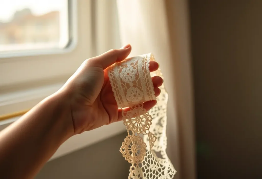 Une main féminine tenant délicatement un fil de dentelle