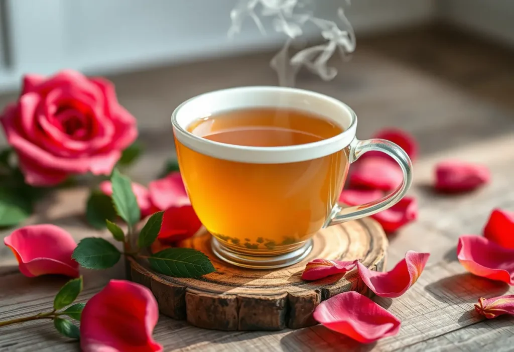 Un mug plein de thé herboriste posé sur un coussinet en bois avec des pétales de roses fraîches, représentant les remèdes naturels et le soin de soi.