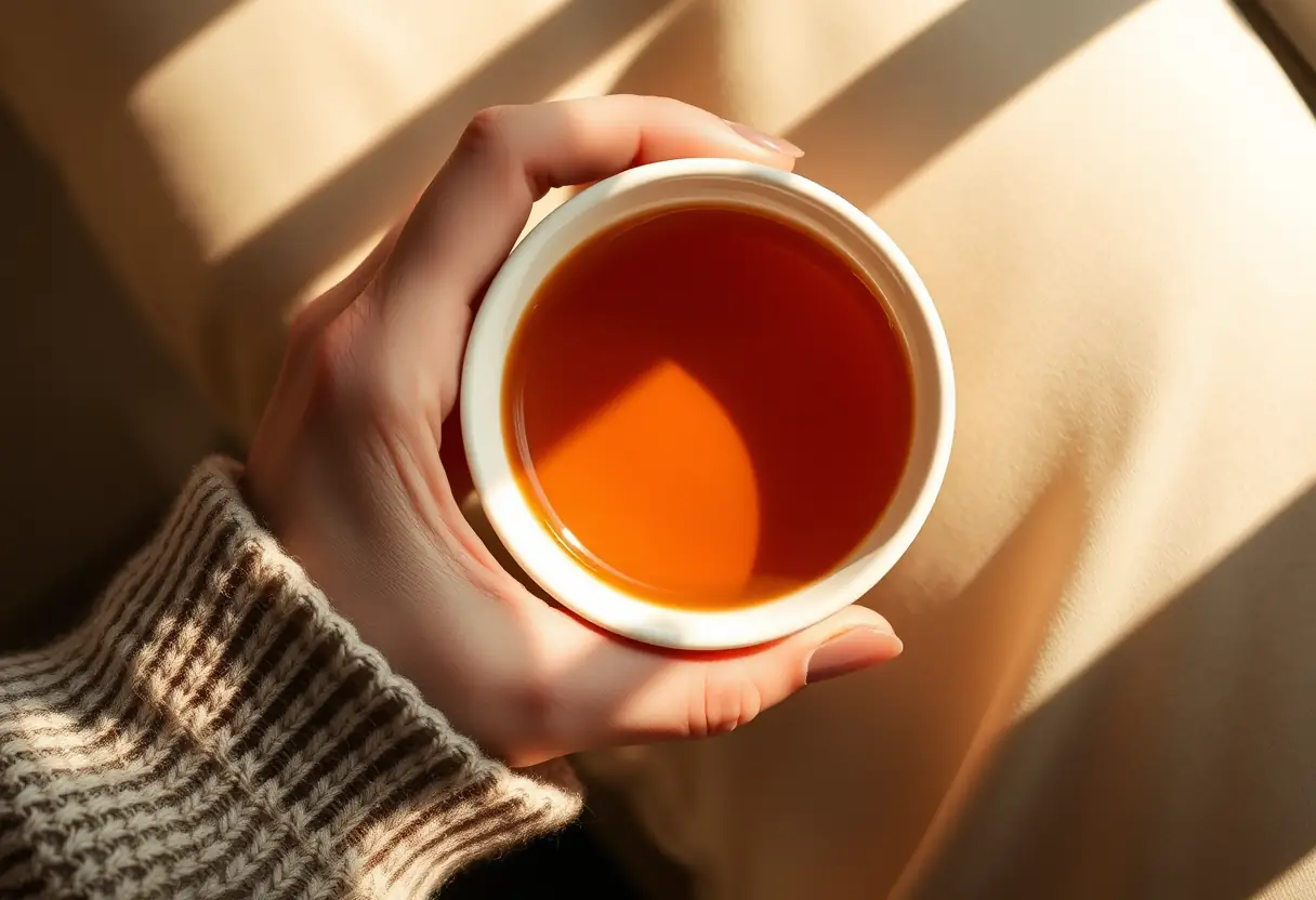 Une main féminine tenant une tasse de thé, symbolisant la sérénité et le bien-être