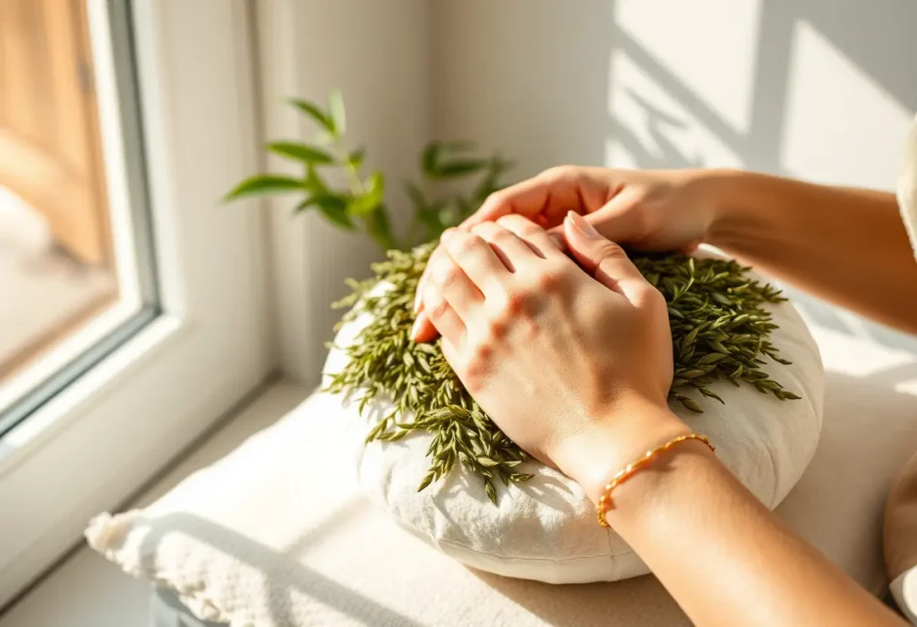 Une main féminine masse délicatement un oreiller rempli d'herbes naturelles