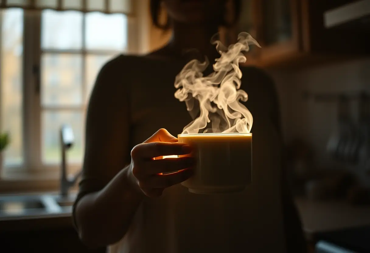 Un profil se tient dans une cuisine, tenant une tasse de thé aux herbes, éclairée par une lumière tamisée