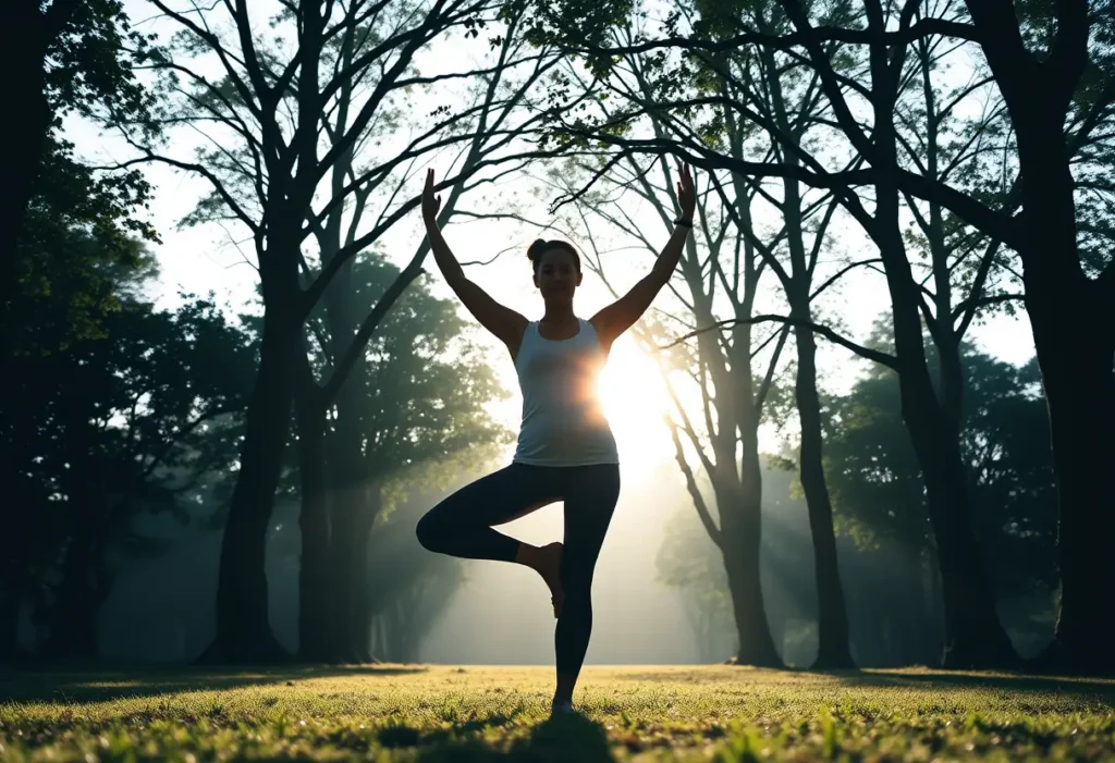 Silhouette d'une femme pratiquant du yoga dans un parc, soulignant l'importance d'une bonne posture pour augmenter la taille de la poitrine.