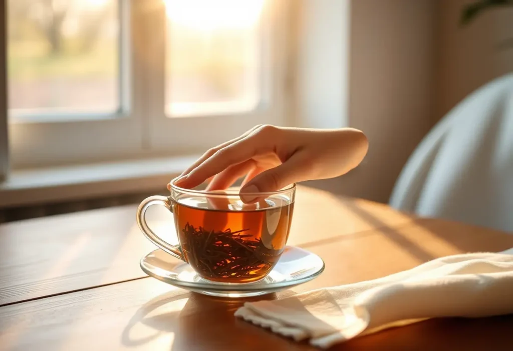 Une main posant une tasse de thé chaud sur une table en bois, lumières du matin