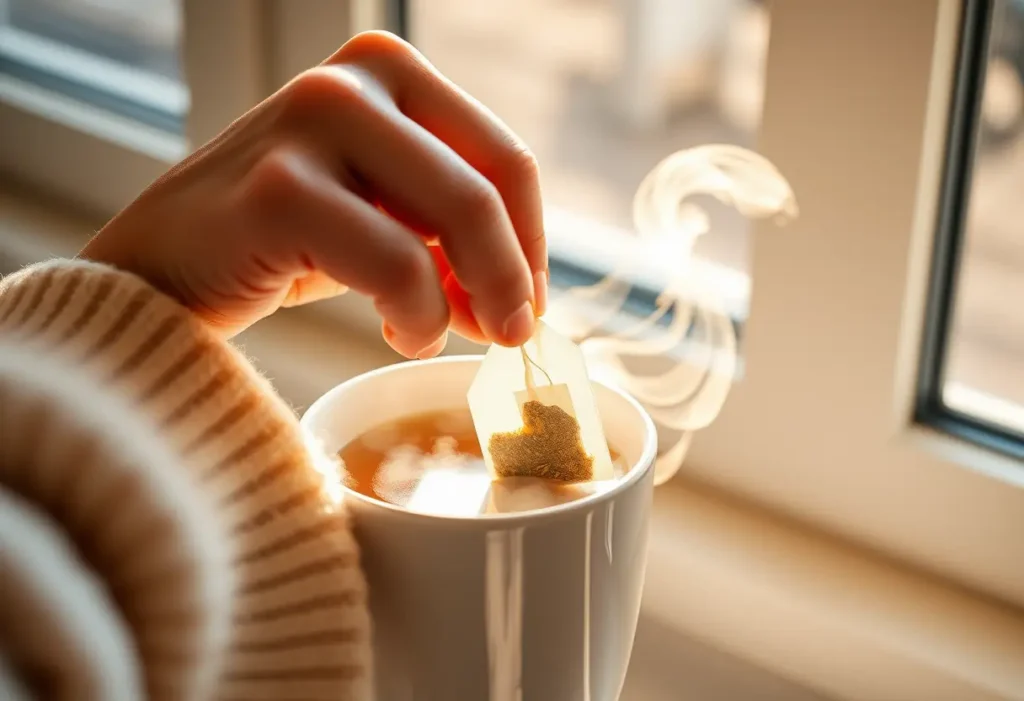 Main : une main verse du thé dans une tasse, lumière chaude