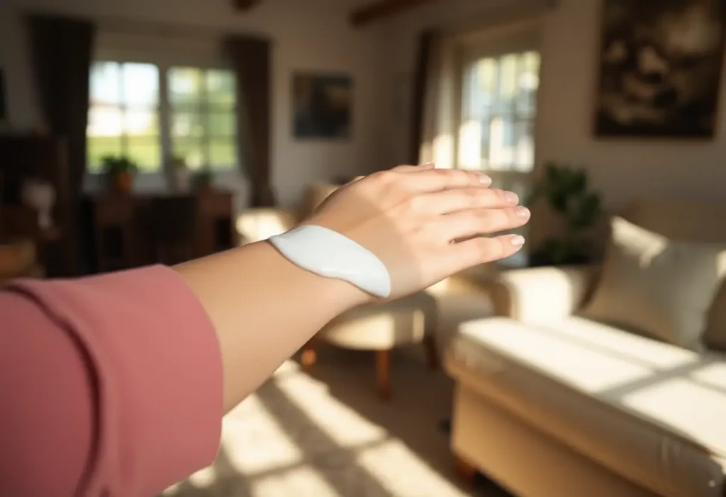 Une main féminine applique de la lotion sur son bras dans un salon accueillant, éclairé par la lumière du jour, évoquant sérénité et bien-être.
