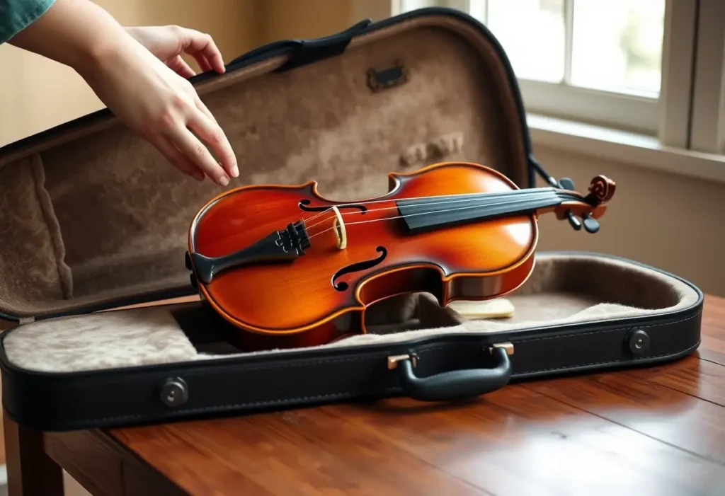 Une musicienne prend délicatement son violon dans son étui