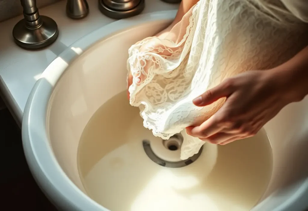 Main de femme posant délicatement une robe en dentelle dans un égouttoir en porcelaine