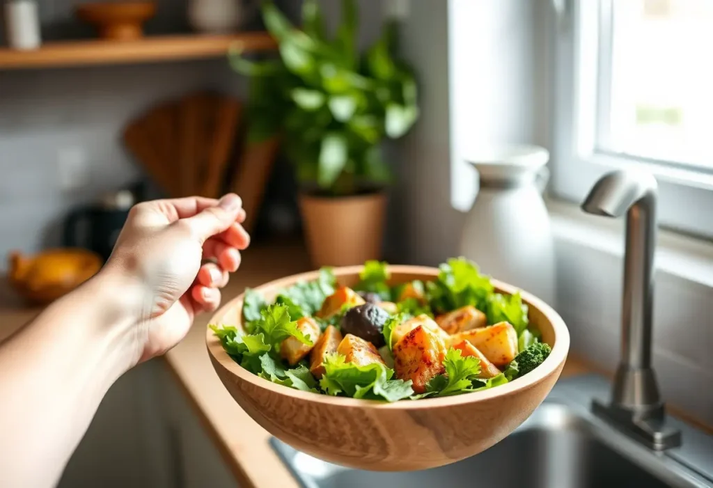 Main de femme tenant un bol en bois garni de légumes verts et de protéines minces