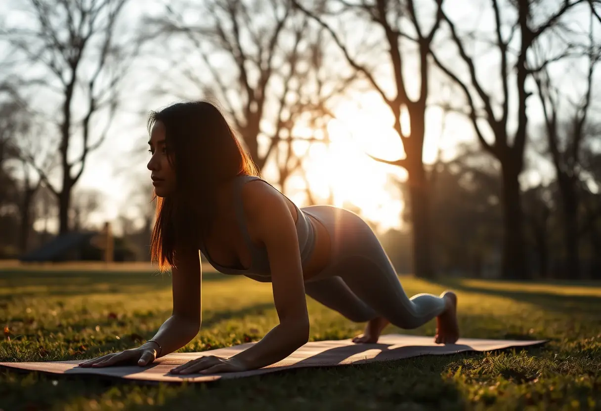 Silhouette de femme effectuant des pompes dans un parc, entourée d'arbres et de lumière du soir