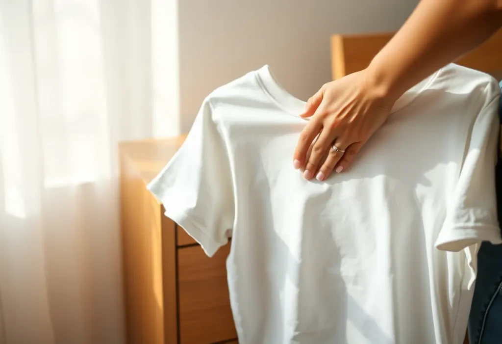 Une main féminine étale doucement un tee-shirt en coton sur une commode en bois naturel