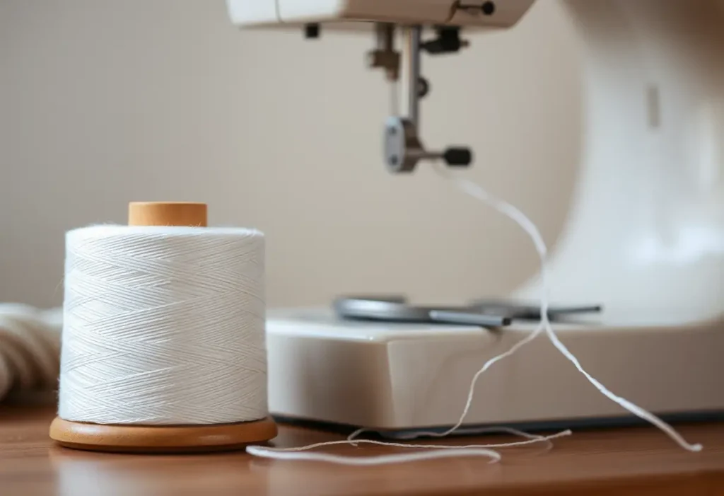 Un fil blanc posé près d'une machine à coudre, symbolisant la précision dans la confection