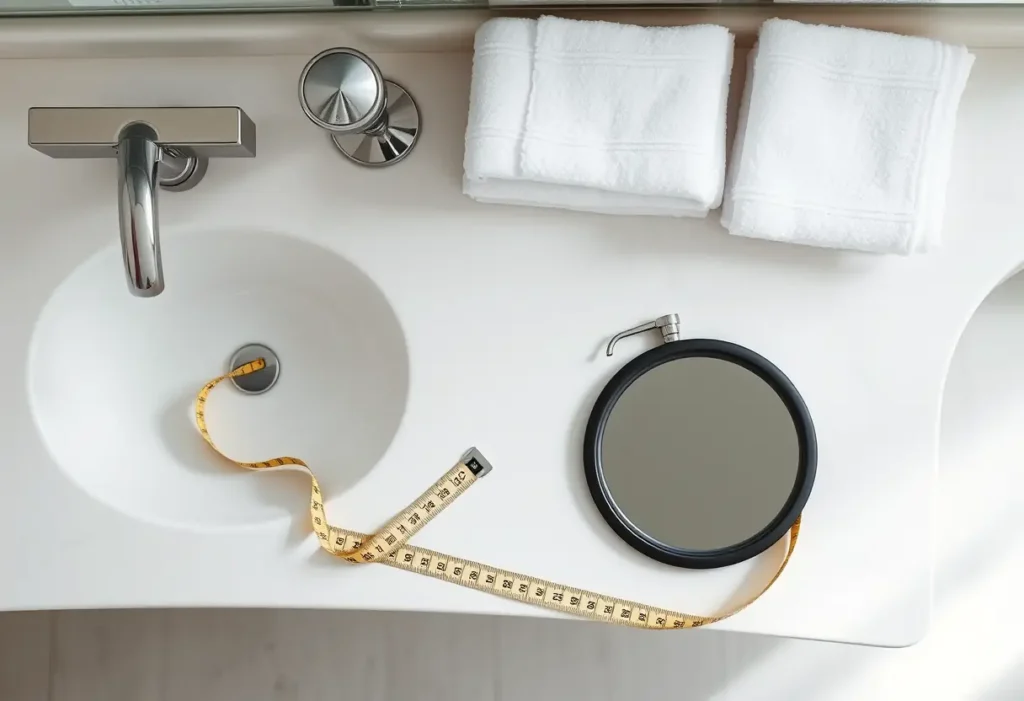 Vue d'ensemble d'un comptoir de salle de bains avec mètre ruban, miroir et serviettes pliées dans une lumière naturelle