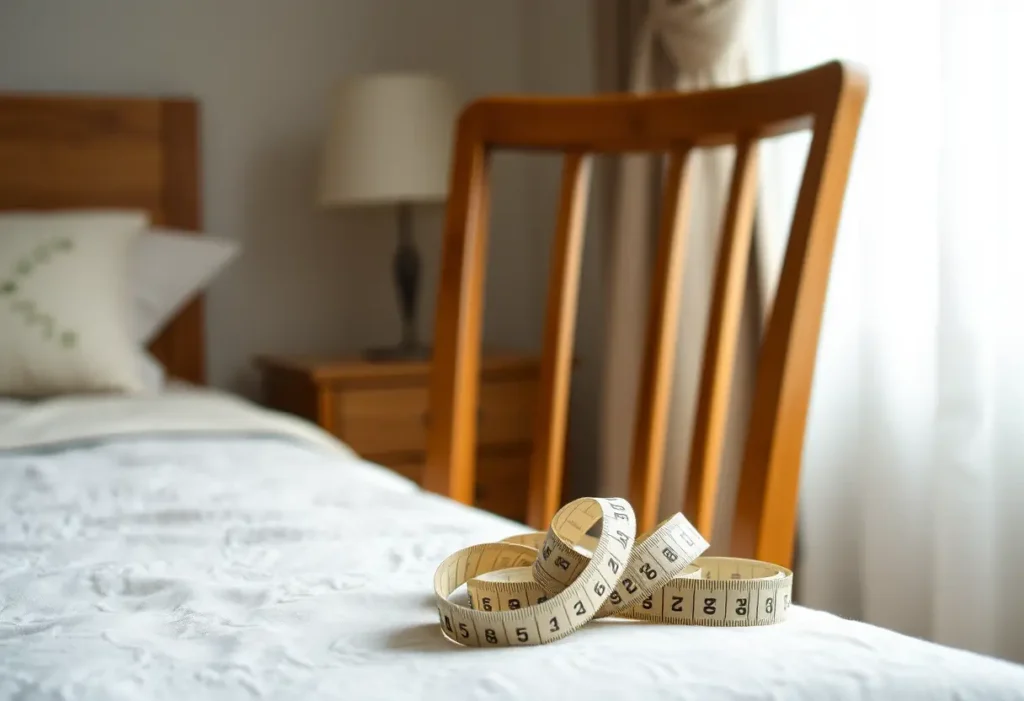 Un ruban à mesurer enroulé sur une chaise, dans une chambre baignée de lumière matinale.