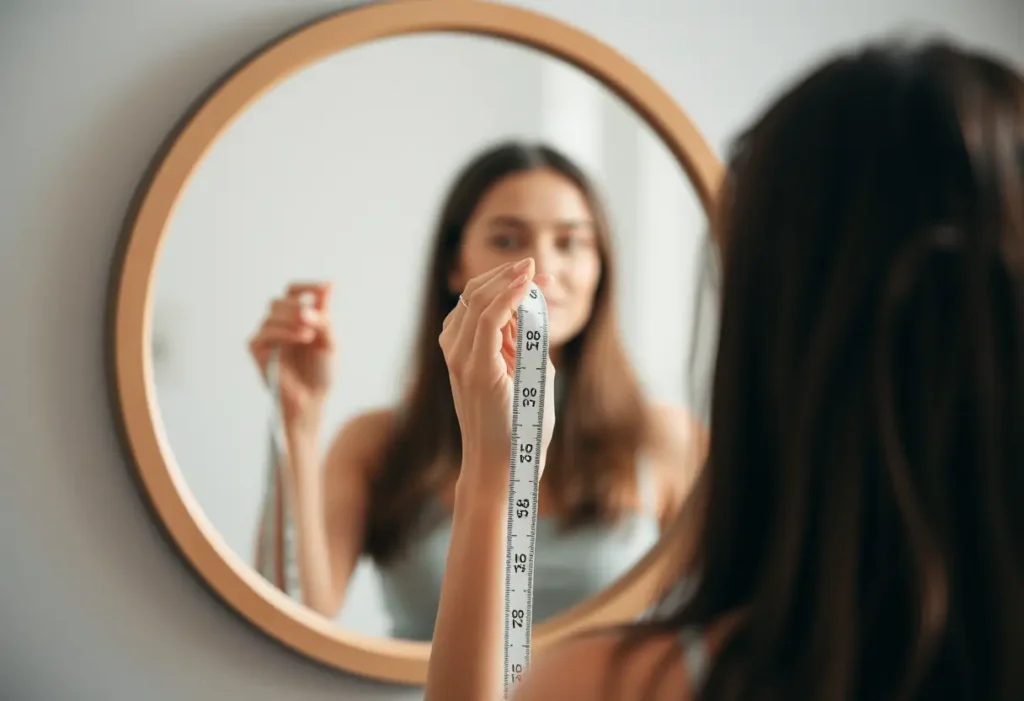 Main de femme tenant un mètre ruban devant un miroir rond, symbolisant l'importance de la mesure précise.