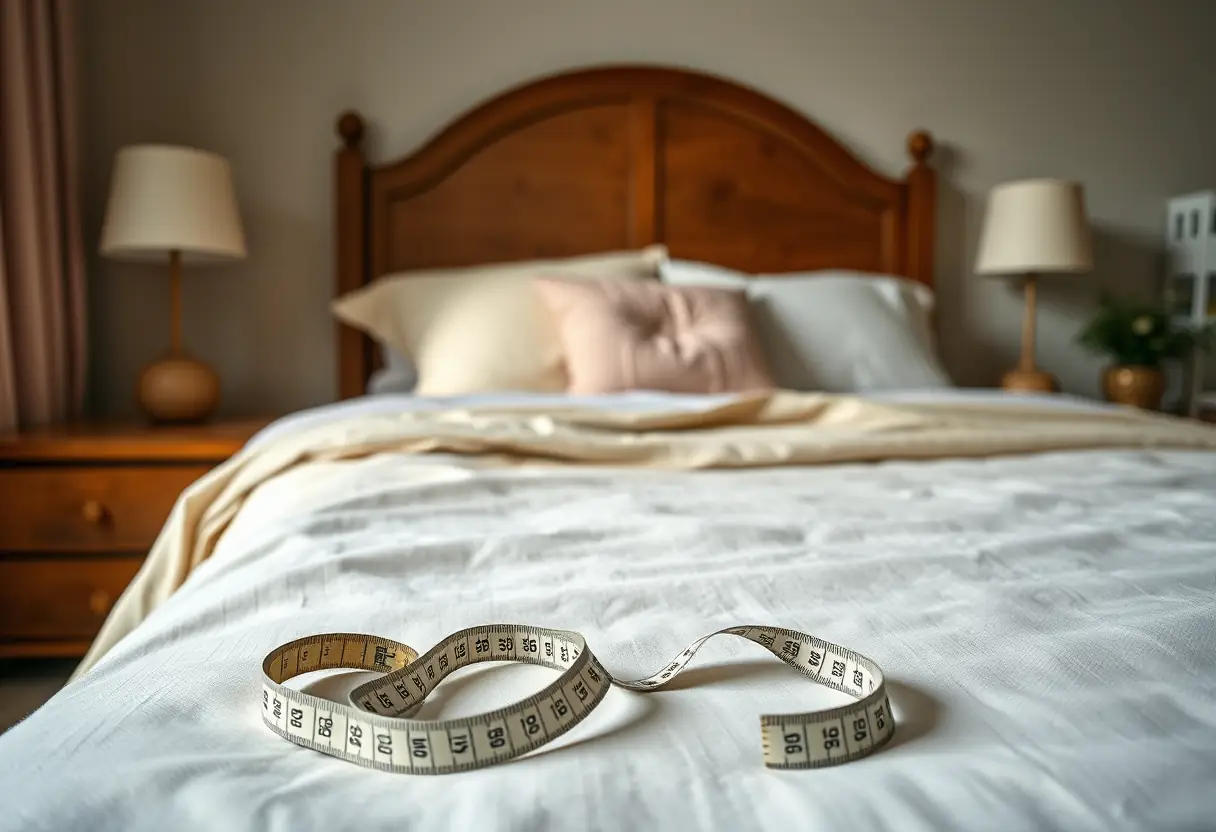 Chambre accueillante éclairée doucement avec un mètre ruban posé sur une table de nuit, soulignant l'attention portée à soi-même.