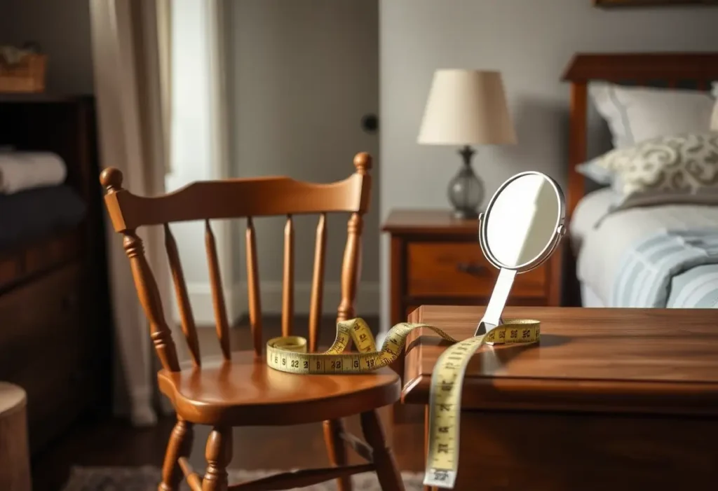 Ruban à mesurer et petit miroir sur une commode dans une chambre confortable