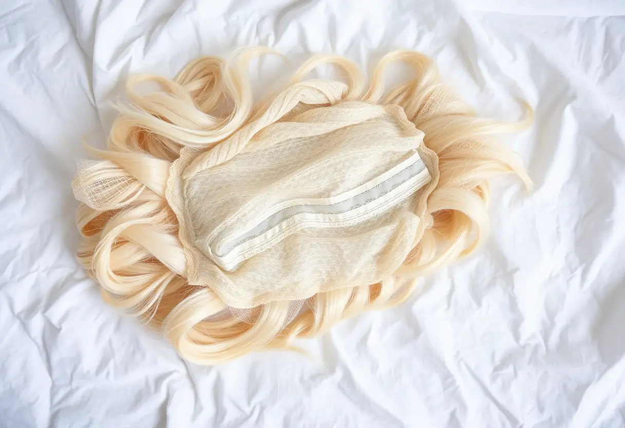 Une perruque dentelle étalée sur un drap blanc, mettant en valeur sa construction délicate.