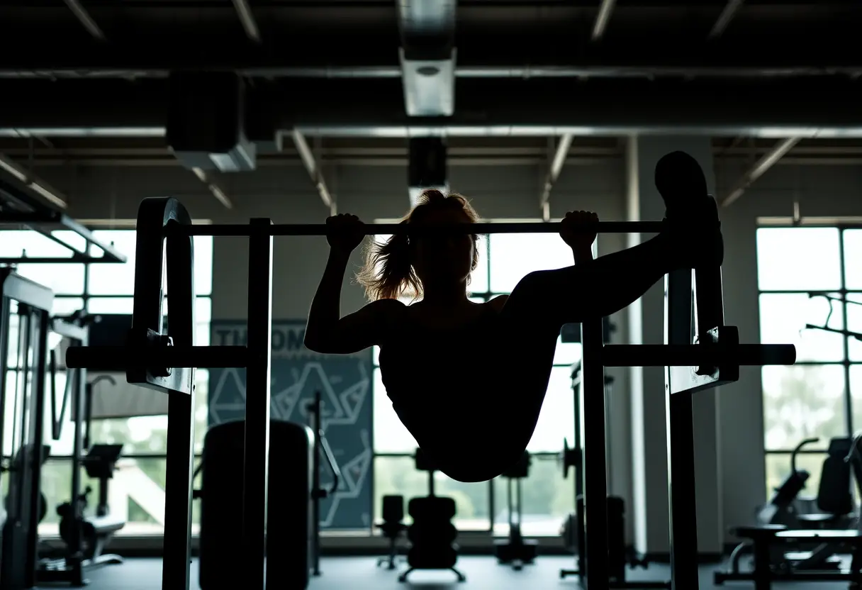 Silhouette de femme effectuant des dips entre deux barres parallèles dans une salle de sport bien éclairée
