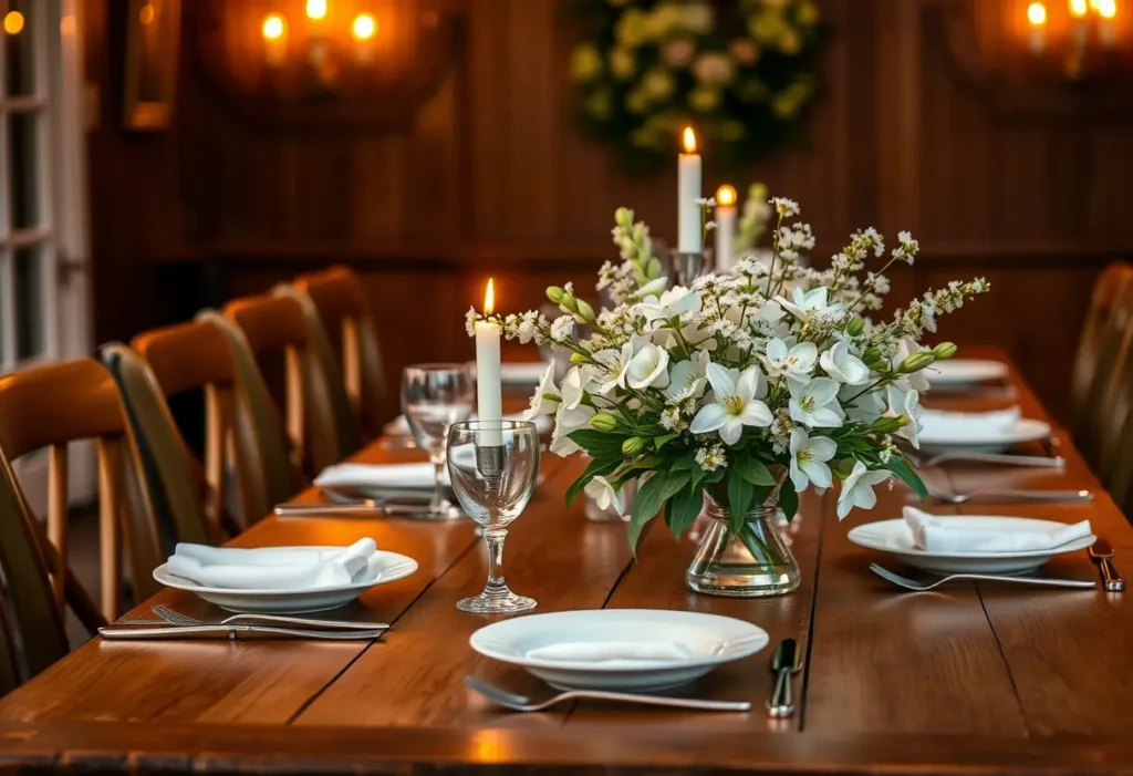 Table en bois sous la lumière douce des bougies, fleurs blanches fraîches et couverts en argent