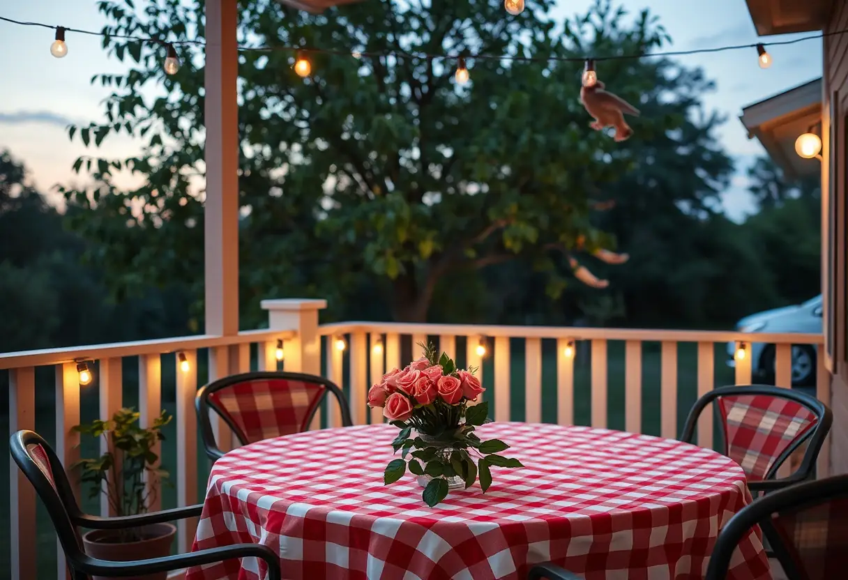 Patio accueillant au crépuscule, avec une nappe à carreaux rouges et blancs, un vase de roses et une douce brise