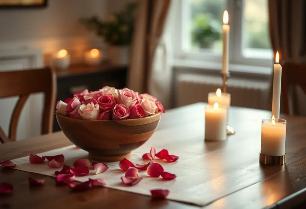 Un couvert avec deux bols en bois remplis de pétales de roses, éclairé par une douce lumière de bougie