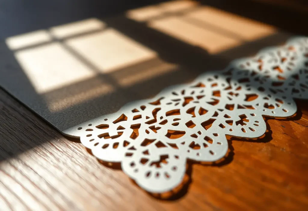 Pochoir en métal posé sur une table, détaillant des motifs de dentelle
