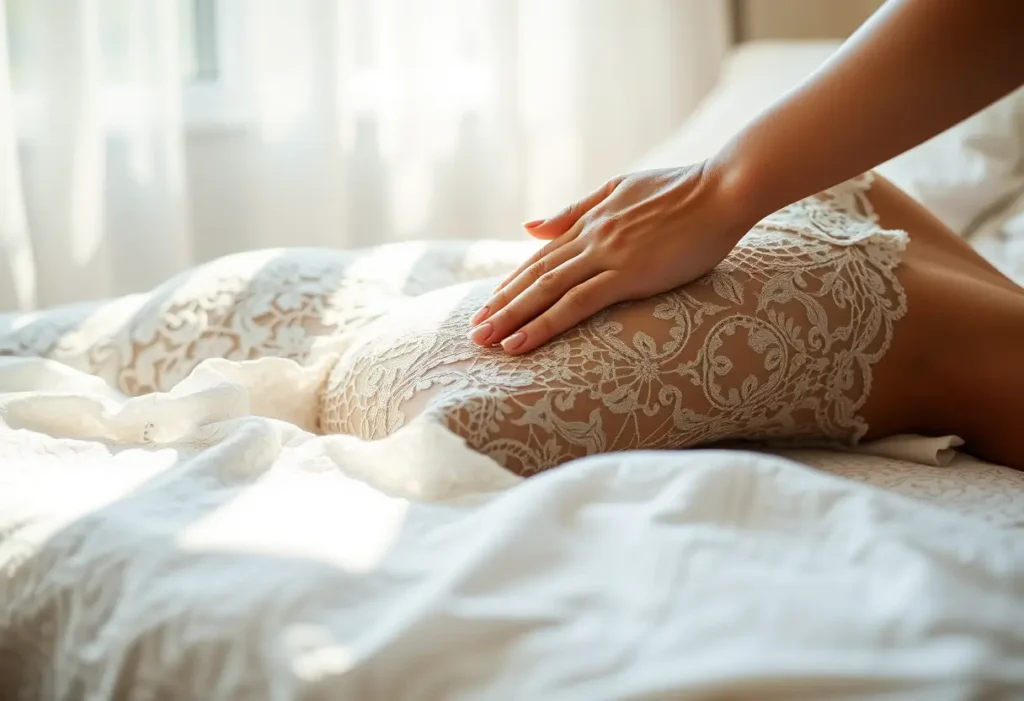 Une main lisse un body en dentelle sur un lit, la lumière du jour souligne l'intricacy de la dentelle