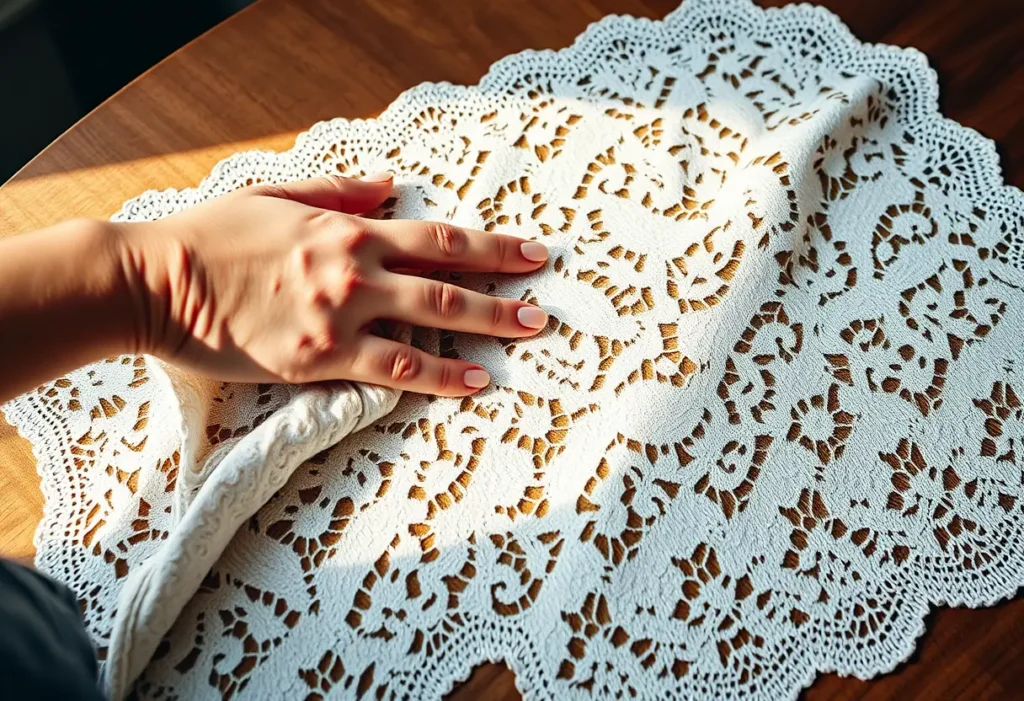 Main de femme lisant du dentelle sur une table, lumière naturelle