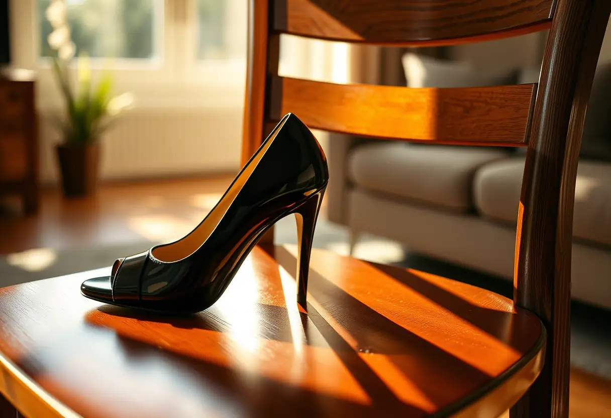 Chaussons noirs élégants posés sur une chaise dans une pièce baignée de lumière naturelle
