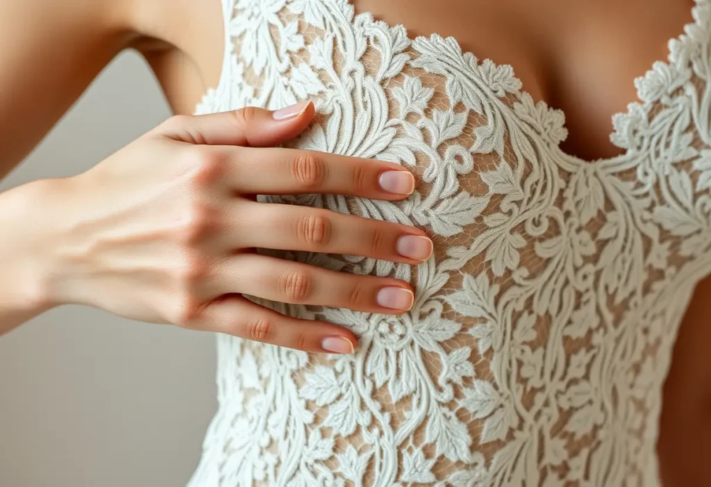 Une main féminine lisse le tissu fin d'un body dentelle