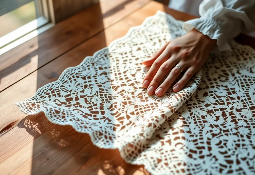 Une main féminine ajuste un tissu dentelle sur une table, mettant en valeur sa finesse