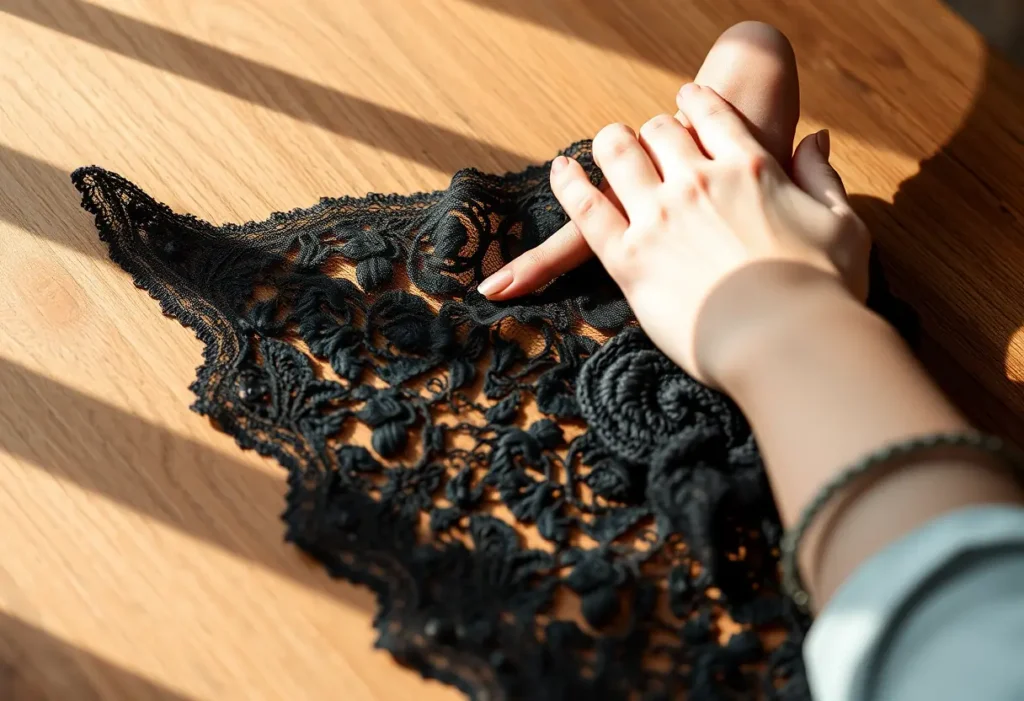 Une main féminine ajuste délicatement un haut en dentelle noire sur une table, éclairage naturel