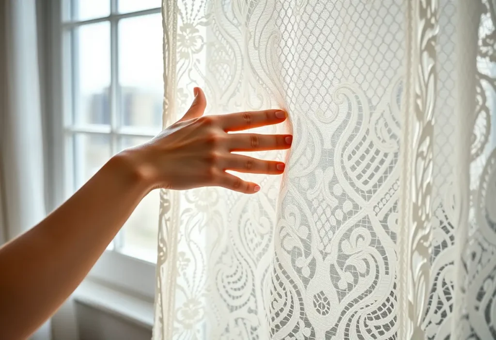 Une main lisse un tissu dentelé, la lumière joue sur ses motifs complexes