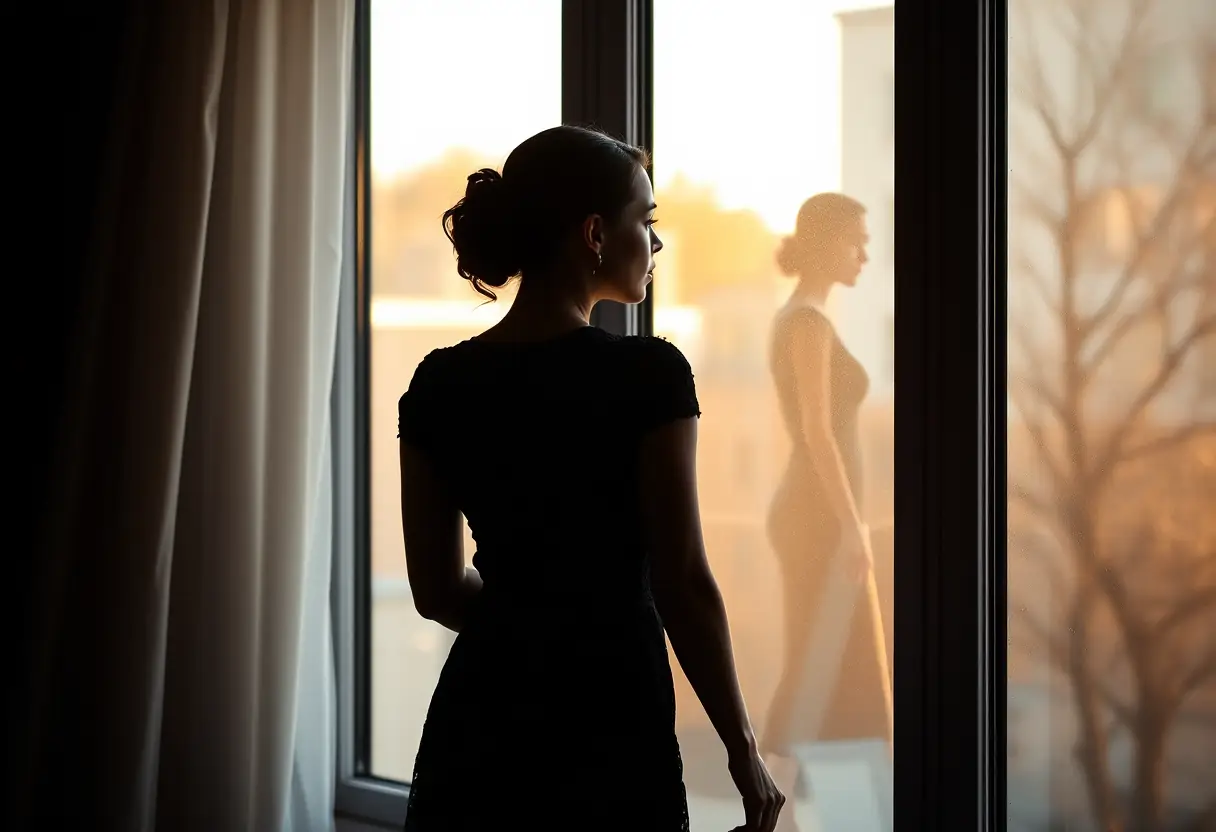 Un reflet d'une femme en robe noire de dentelle près d'une fenêtre