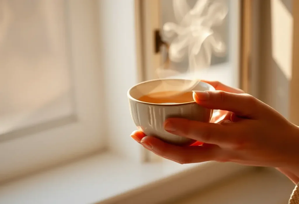 Une main tenant une tasse de thé de graines de lin chaud, symbolisant la prise de poitrine naturelle.