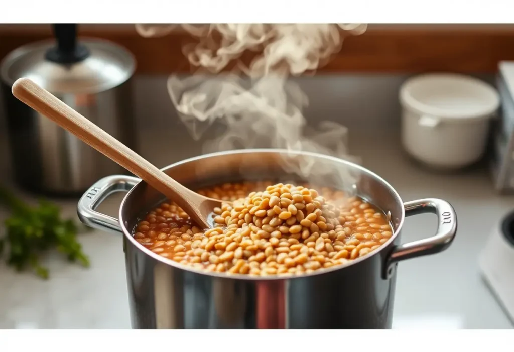 Une cuillère en bois remue une casserole de lentilles, source de bien-être.