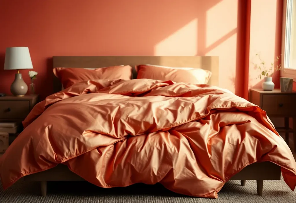 Un couvre-lit en soie plié soigneusement sur un grand lit, dans une chambre chaleureuse aux teintes douces, imprégnée de l'odeur de la vanille.