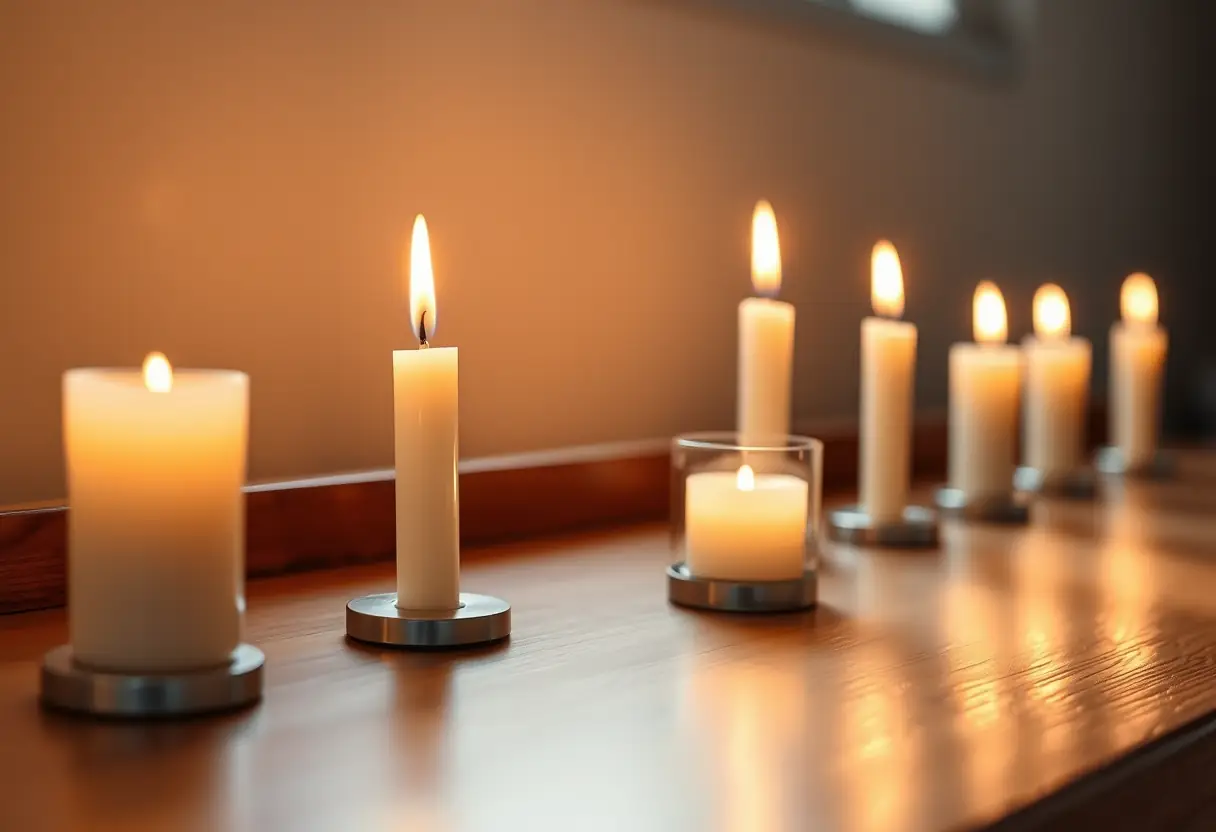 Des bougies allumées posées sur une commode en bois, leur lumière tamisée se reflétant sur la surface polie.