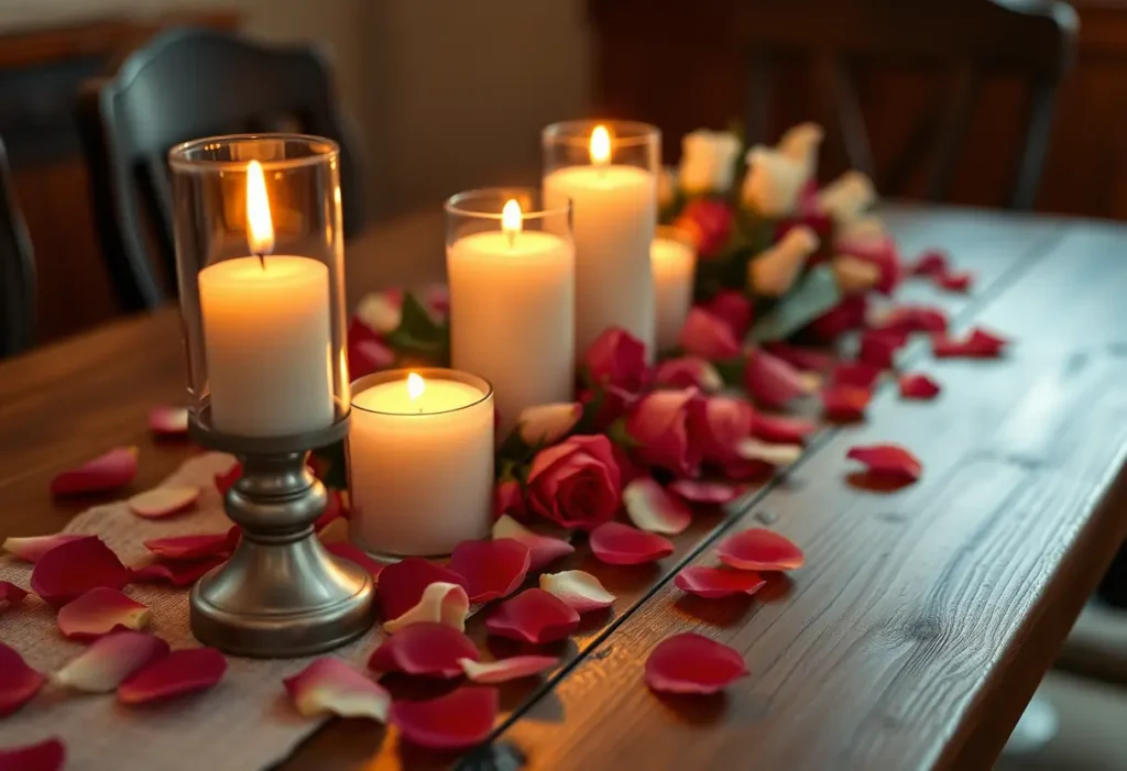 Un couvert romantique éclairé par des bougies et parsemé de pétales de roses