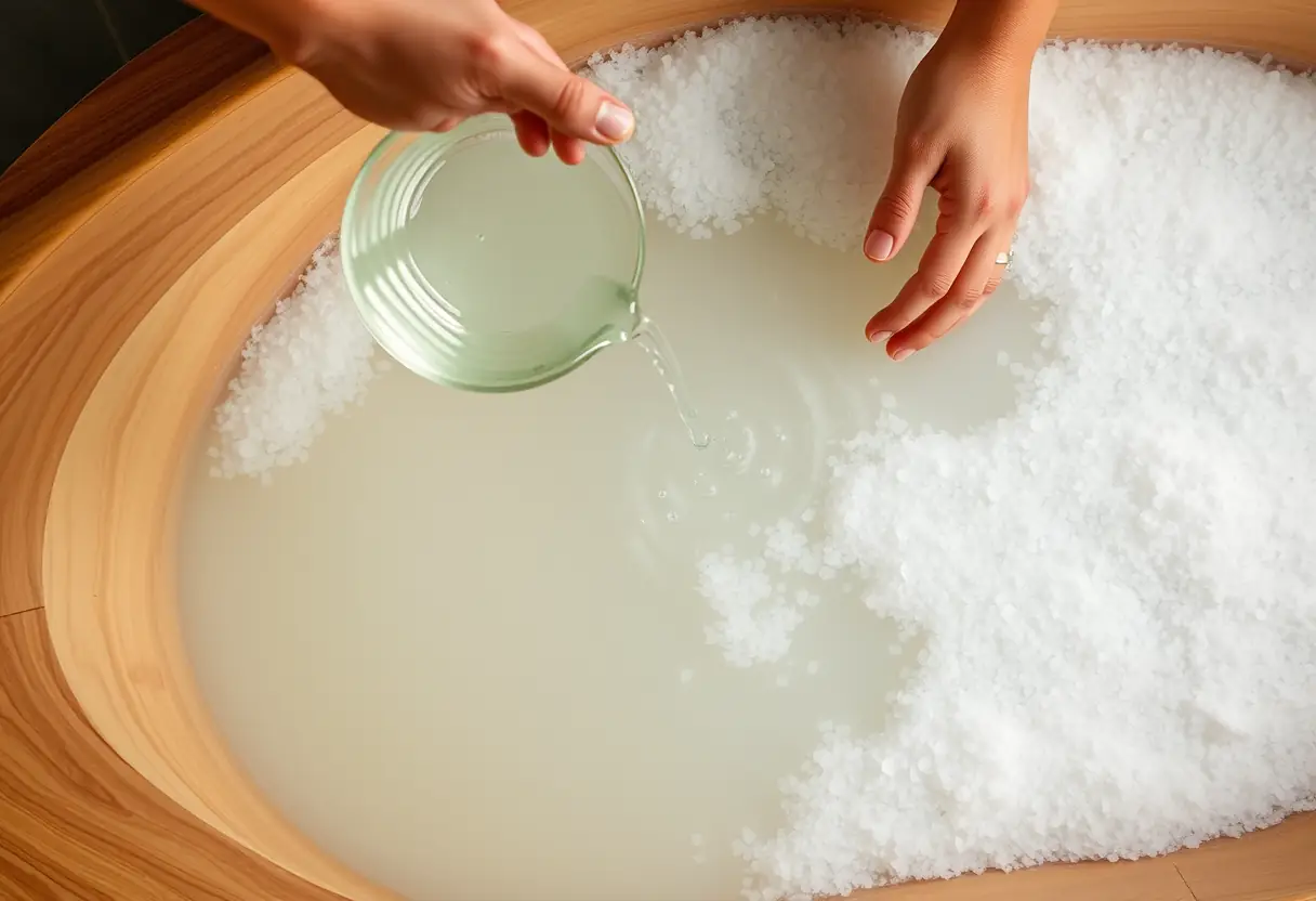 Des mains posant de l'eau chaude dans un bain garni de sel de bain parfumé
