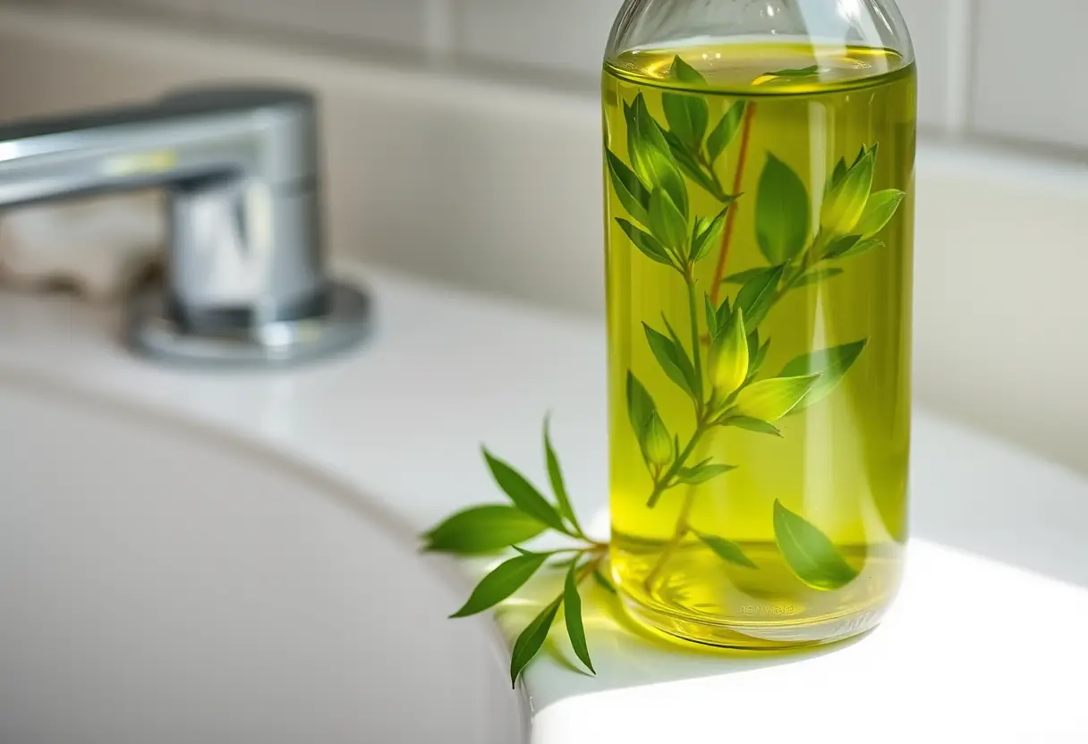 Bouteille en verre contenant une infusion végétale sur le lavabo