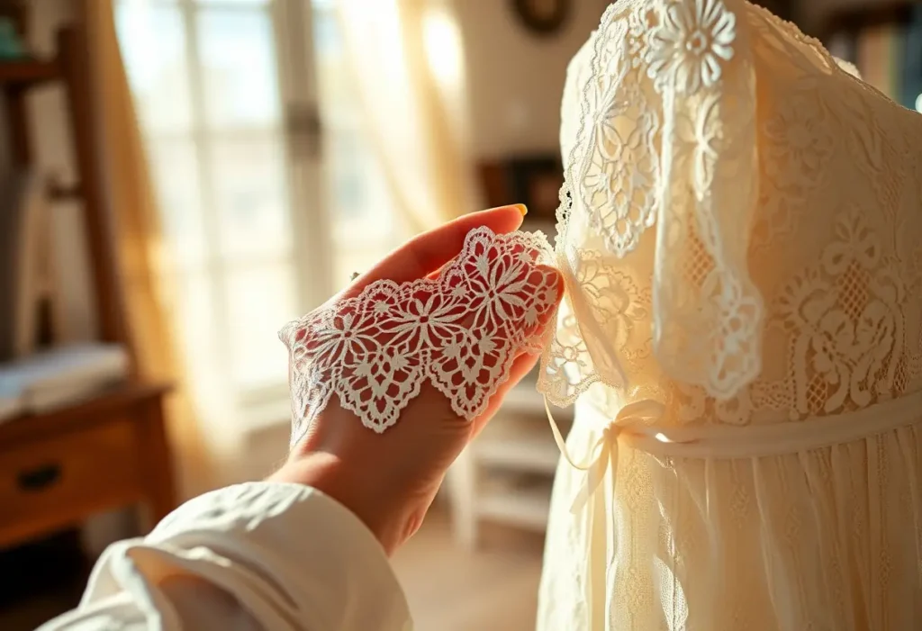 Main de femme tenant un morceau de dentelle, dans un atelier douillet