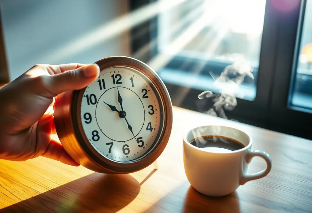 Une main tenant une horloge à cadre en bois avec une tasse de café fumante près d’elle, illustrant l'attention aux détails.