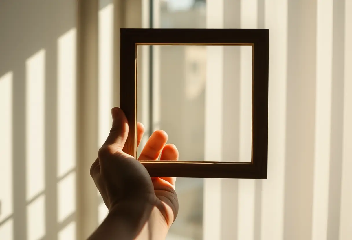 Une main tenant un cadre en bois rectangulaire baigné de lumière naturelle