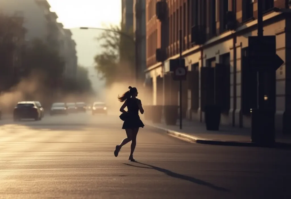 Une femme qui court au lever du jour dans une ville.
