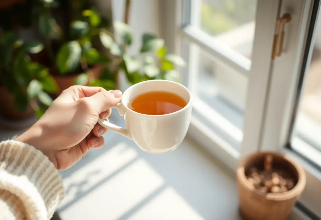 Une main tenant une tasse de thé aromatisé, dans un intérieur accueillant