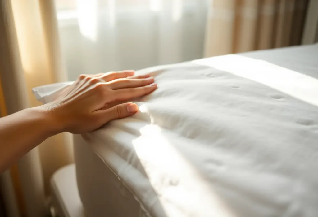 Une main féminine caresse doucement une serviette de coton, la lumière naturelle filtre à travers les rideaux.