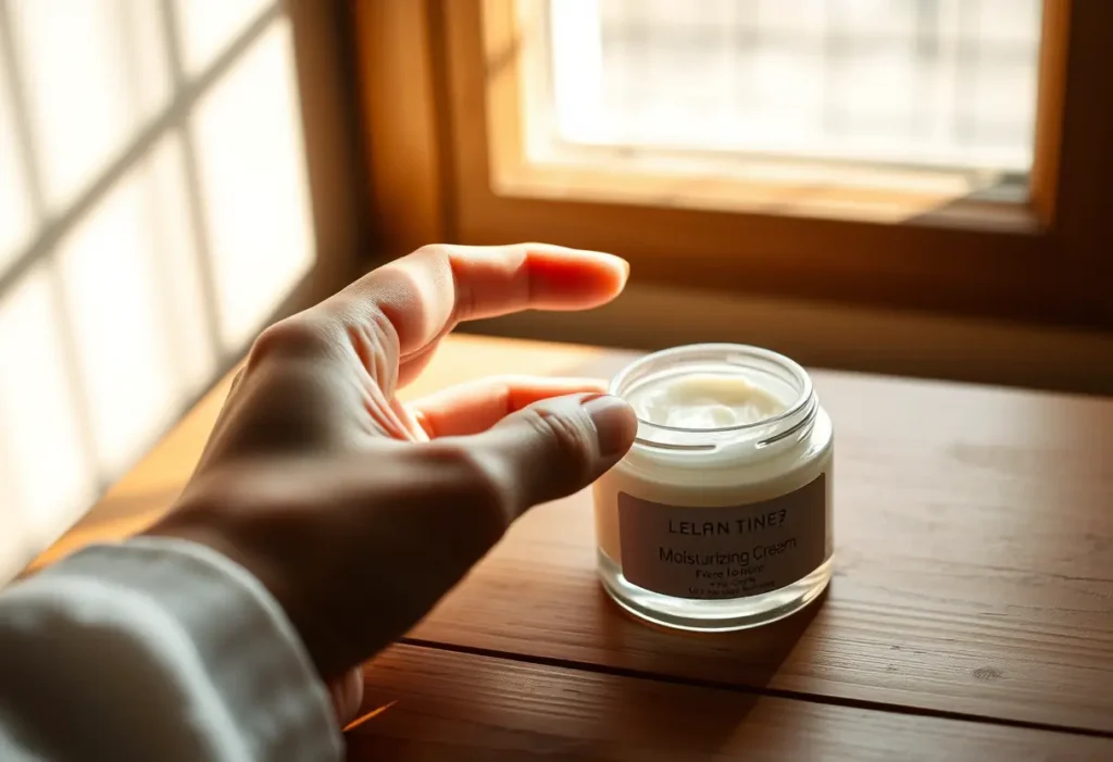 Main de femme tenant un pot de crème hydratante