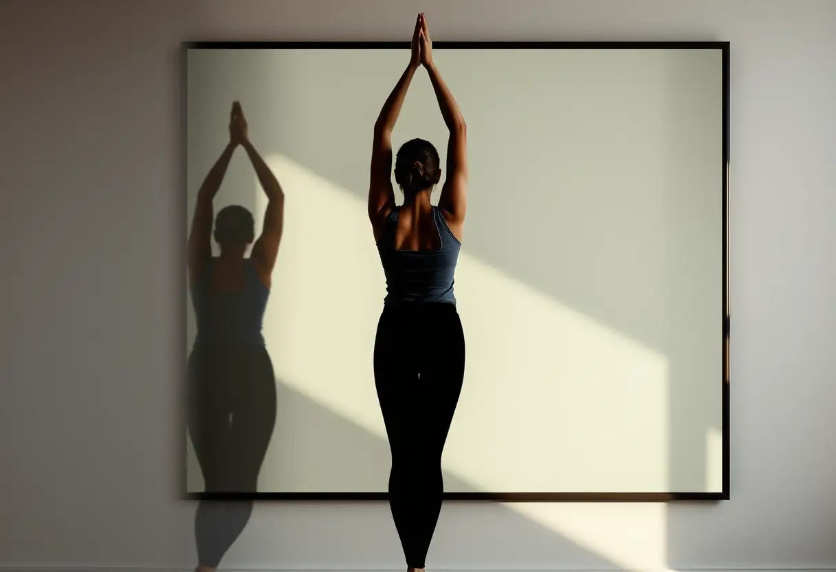 Silhouette d'une femme s'étirant devant un miroir pour ouvrir la poitrine