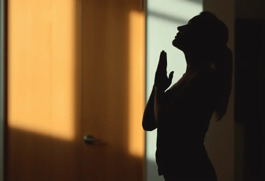 Un silhouette se tient droite contre un mur, respirant profondément pour améliorer sa posture